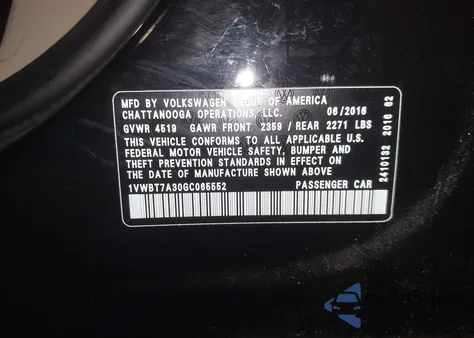 2016 Volkswagen Passat 1.8T Se z USA, uszkodzony, nr VIN 1VWBT7A30GC065552